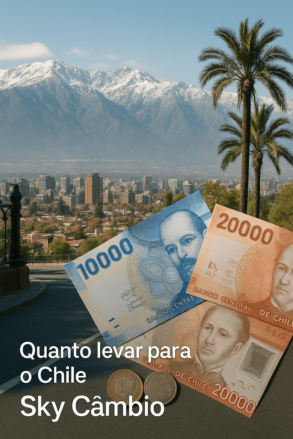 Paisagem de Santiago com a Cordilheira dos Andes ao fundo e cédulas de Peso Chileno.