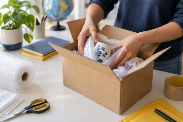 Encomenda frágil preparada para envio internacional DHL na Mooca