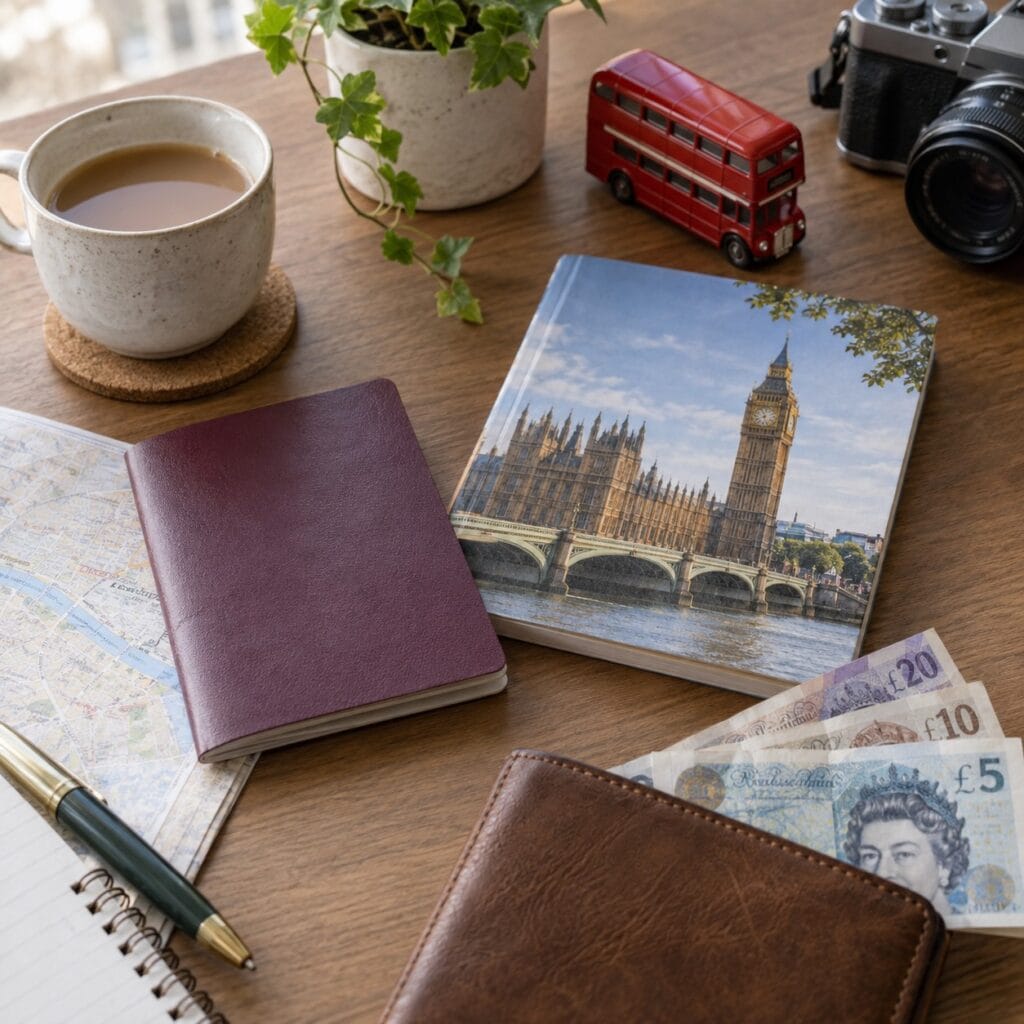 Notas de libra e itens de viagem para Londres