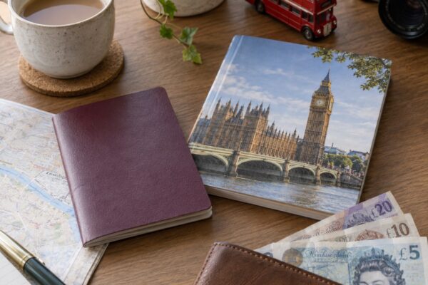 Notas de libra e itens de viagem para Londres