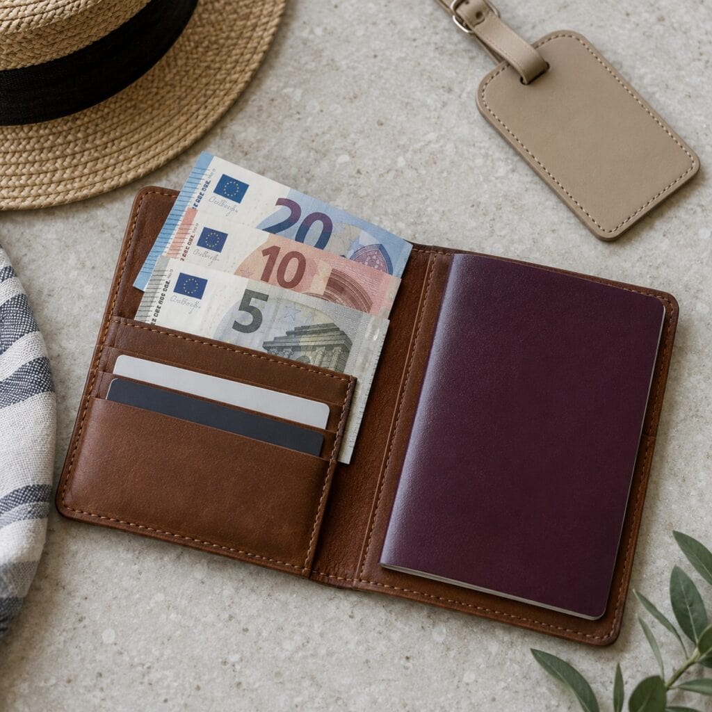 Notas de euro guardadas em carteira após viagem