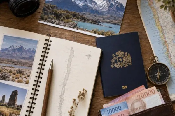 Notas de peso chileno e itens de viagem para o Chile