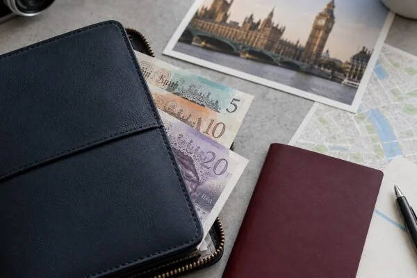 Notas de libra e passaporte para viagem ao Reino Unido