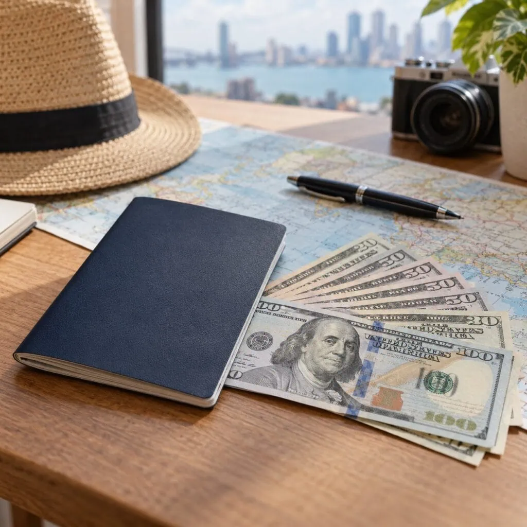 Notas de dólar americano sobre mesa com mapa e caderno de viagem