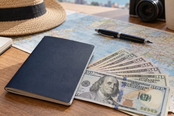 Notas de dólar americano sobre mesa com mapa e caderno de viagem