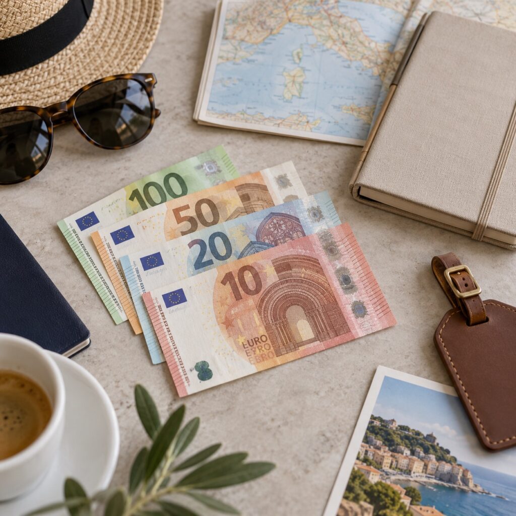 Notas de euro sobre mesa com acessórios de viagem