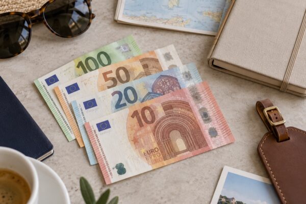 Notas de euro sobre mesa com acessórios de viagem