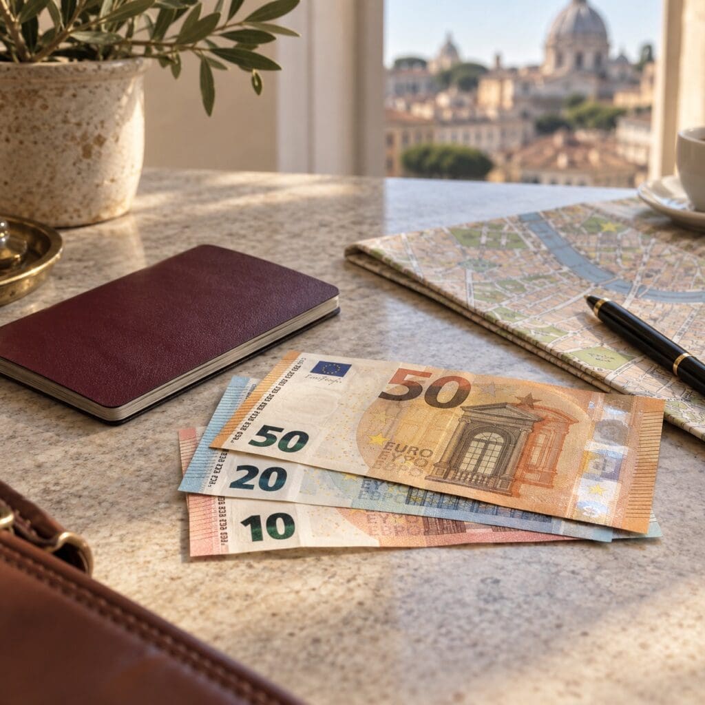 Notas de euro junto a mapa e caderno de viagem
